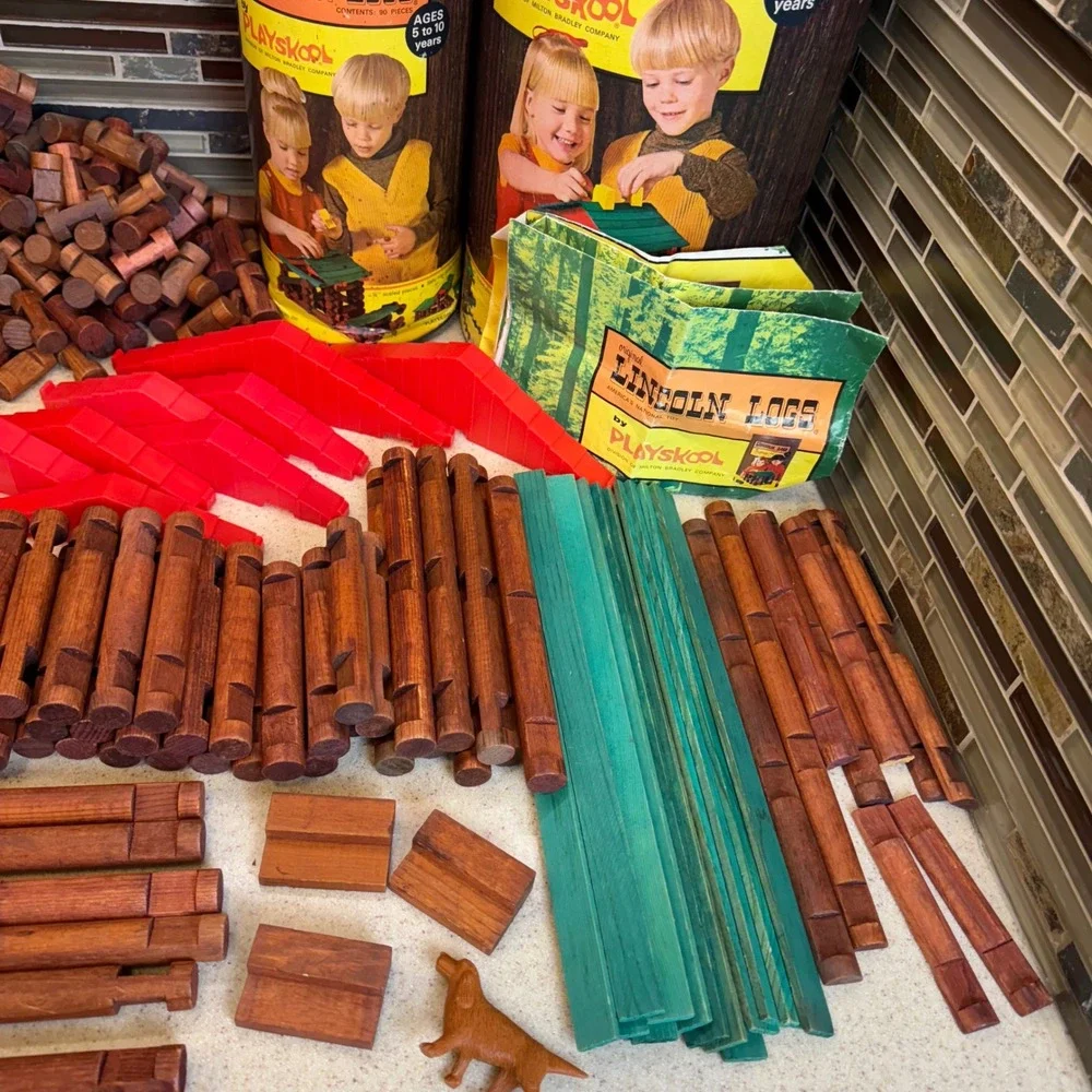 VTG Playskool Lincoln Logs Wood Building Sets No #890 & #893 w/ Canisters 300pc